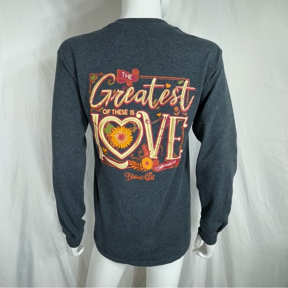 Women’s Dark Heather Gray Blessed Girl 1 Corinthians 13:13 Long Sleeve Tee - Picture 2 of 4